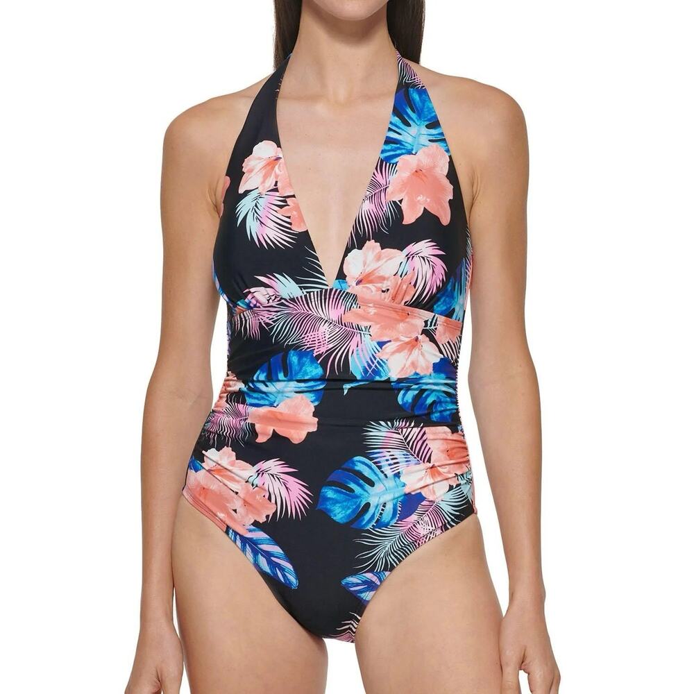 DKNY One Piece Tummy Control Halter Neck Swimsuit Tropical Size Large NWT